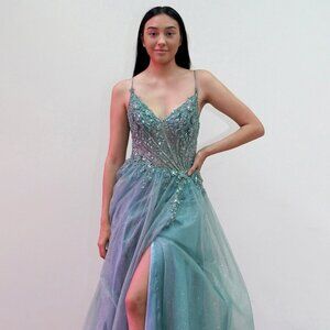 New Sleeveless Maxi Layered Beaded Ball Gown w/V-Neck & Spaghetti Straps JT2618U